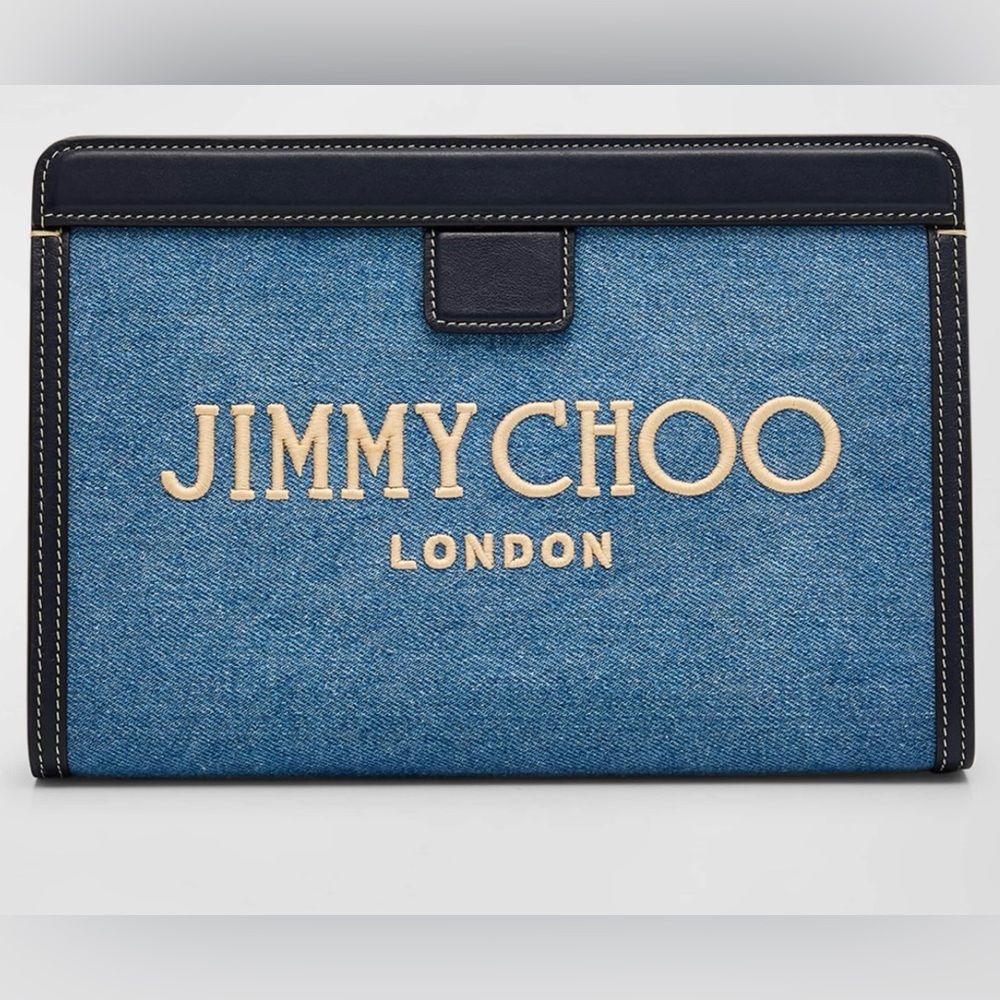 Jimmy Choo "Avenue" Denim Cotton & Acrylic Pouch Clutch with embroidered logo🔥
